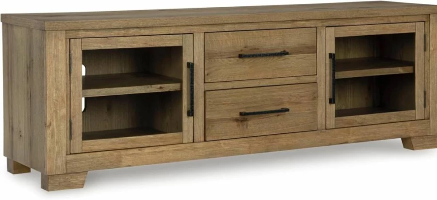 Signature Design by Ashley Galliden 80" Rustic TV Stand with Adjustable Shelves, Cabinets & Cord Management, Light Brown Finish for TVs Up to 91
