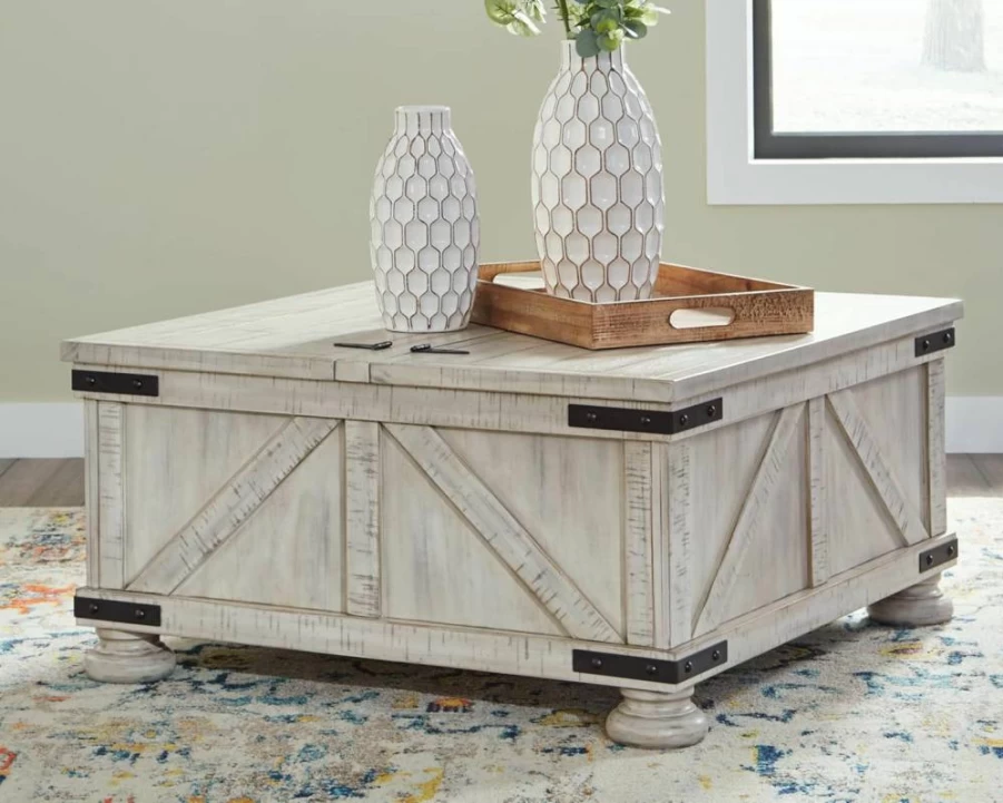 Signature Design by Ashley Whitewash Carynhurst Casual Cocktail Table with Storage - Modern Side Table for Living Room