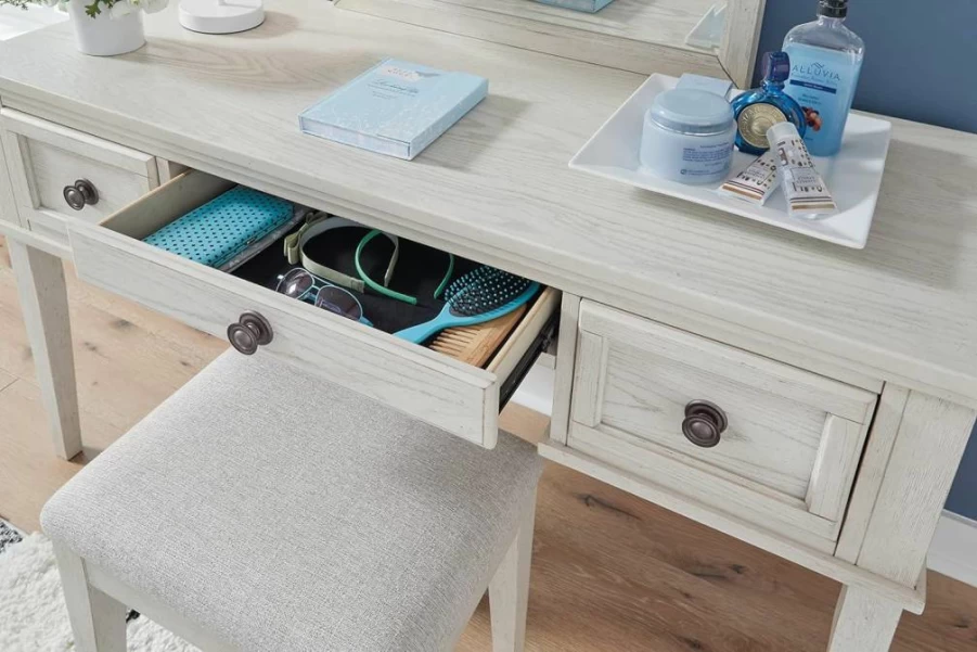 Signature Design by Ashley Robbinsdale Whitewash Casual Vanity Set with 3 Drawers & Upholstered Stool