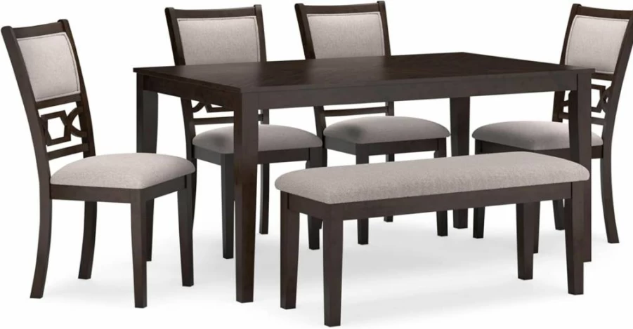 Signature Design by Ashley Langwest 6-Piece Dining Set with Diamond Pattern Table, Upholstered Chairs & Bench in Dark Brown & Beige