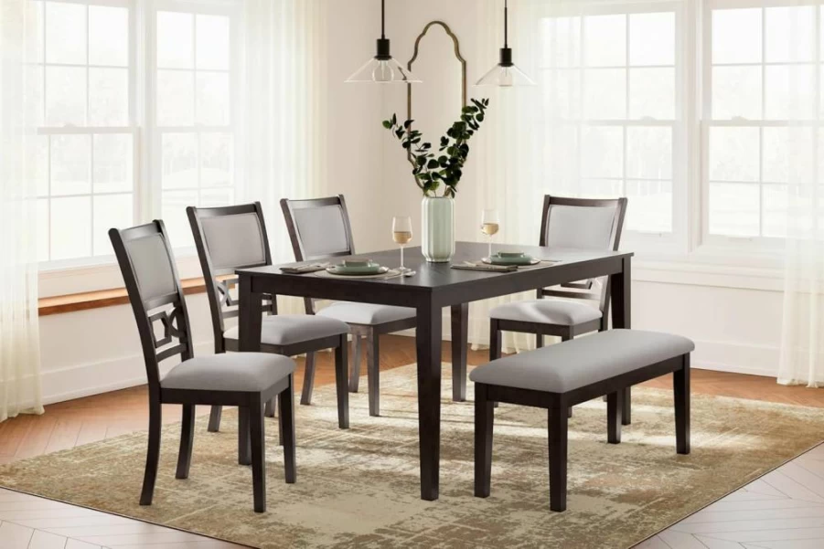 Signature Design by Ashley Langwest 6-Piece Dining Set with Diamond Pattern Table, Upholstered Chairs & Bench in Dark Brown & Beige