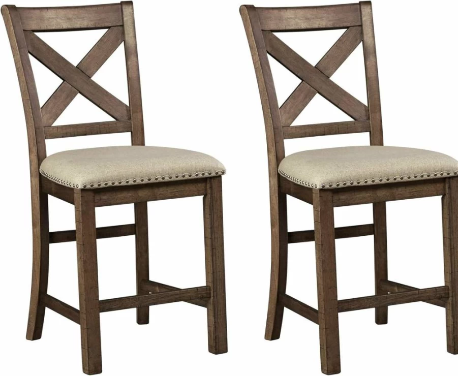 Signature Design by Ashley Moriville 24.5" Farmhouse Bar Stool Set of 2 - Beige & Brown Upholstered Counter Stools Rustic Kitchen Seating