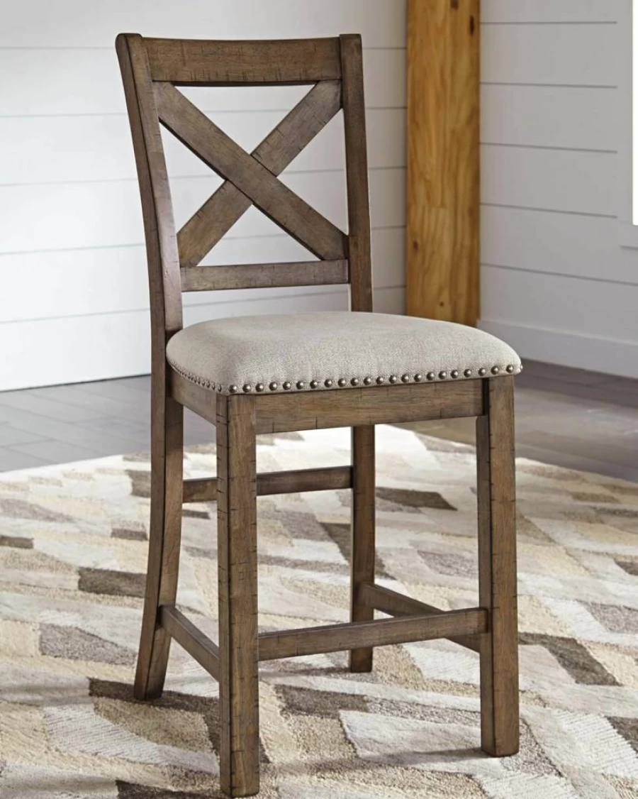 Signature Design by Ashley Moriville 24.5" Farmhouse Bar Stool Set of 2 - Beige & Brown Upholstered Counter Stools Rustic Kitchen Seating