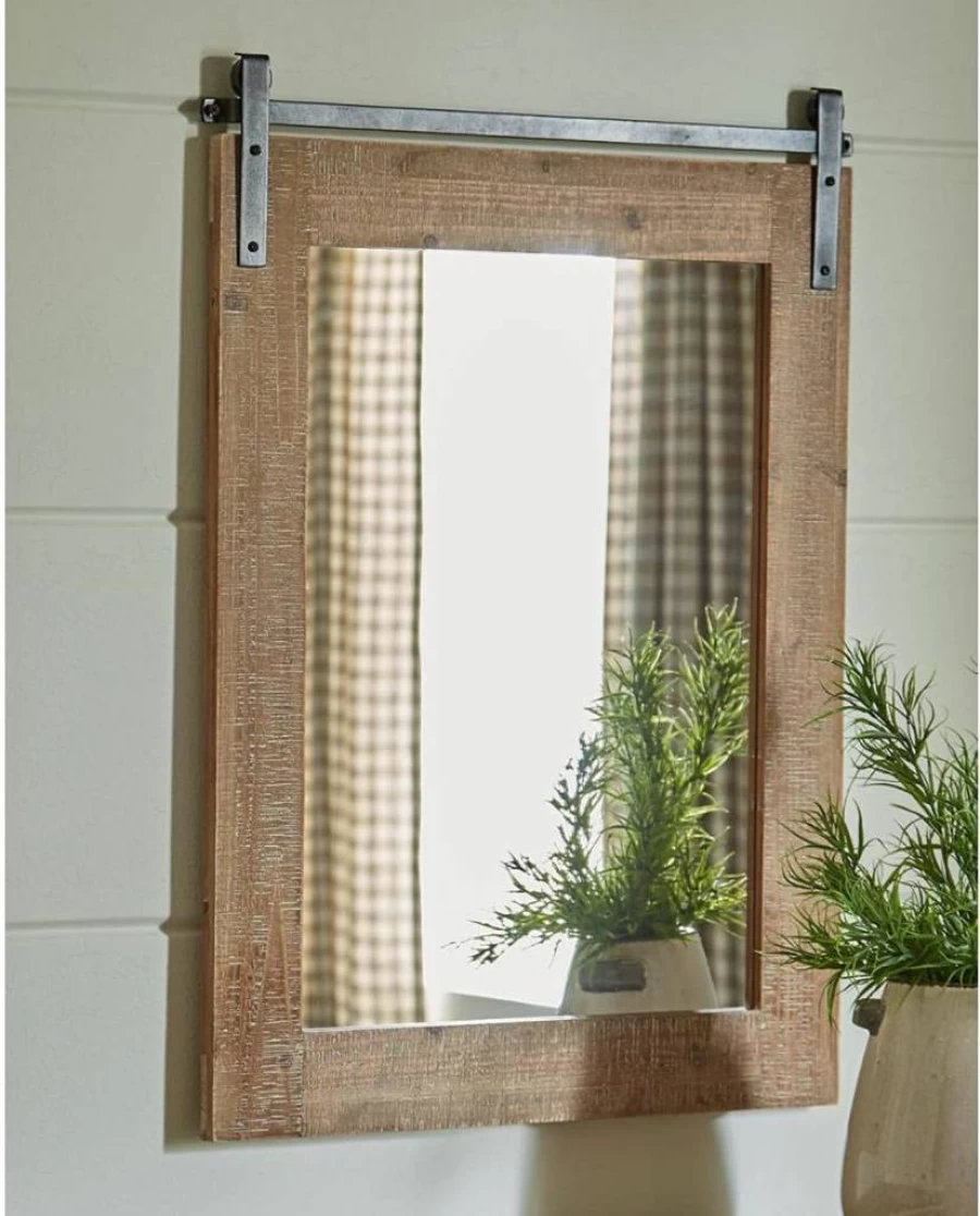 Signature Design by Ashley Lanie Rustic Brown & Black Accent Mirror with Faux Barn Door Metal Track