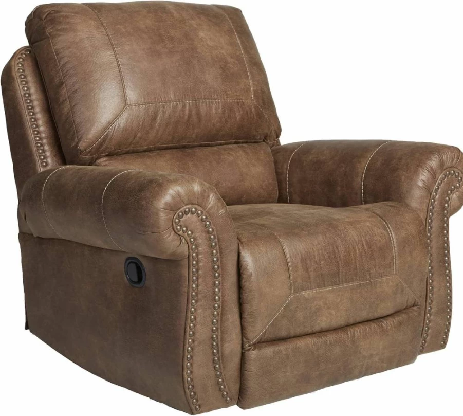 Signature Design by Ashley Larkinhurst Brown Faux Leather Manual Rocker Recliner with Nailhead Trim - Comfortable Leather Reclining Chair for Living Room
