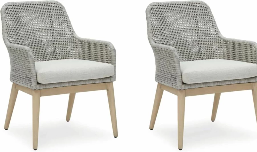Signature Design by Ashley Seton Creek 2-Piece Light Brown & Gray Weather-Resistant Outdoor Dining Armchairs with Cushions