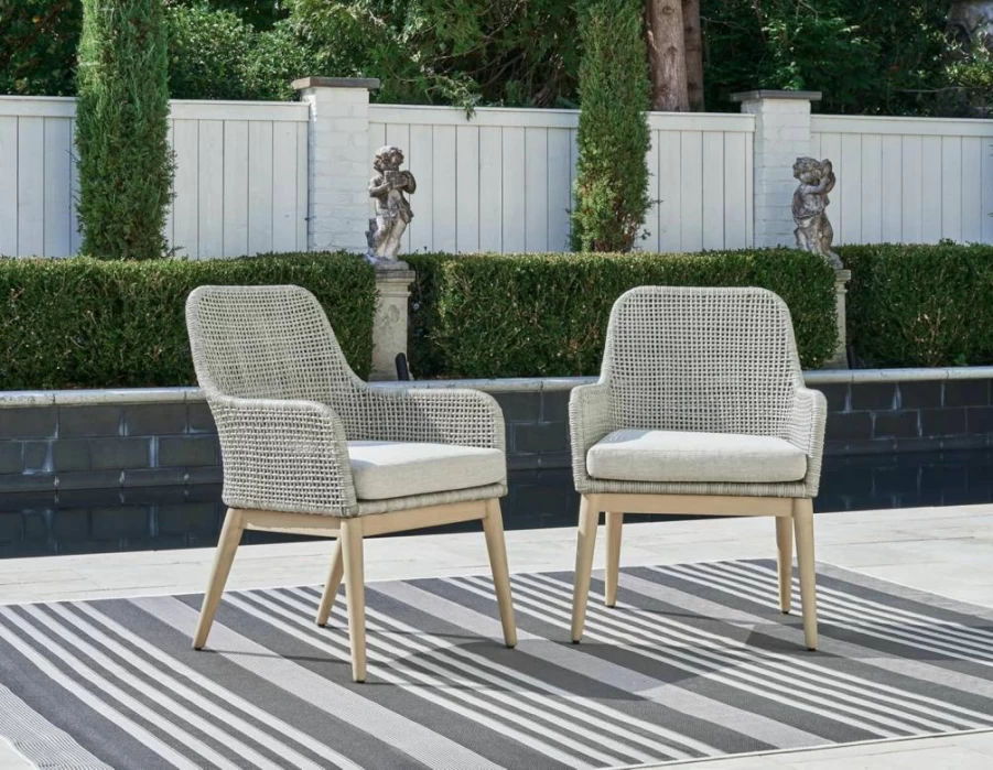Signature Design by Ashley Seton Creek 2-Piece Light Brown & Gray Weather-Resistant Outdoor Dining Armchairs with Cushions