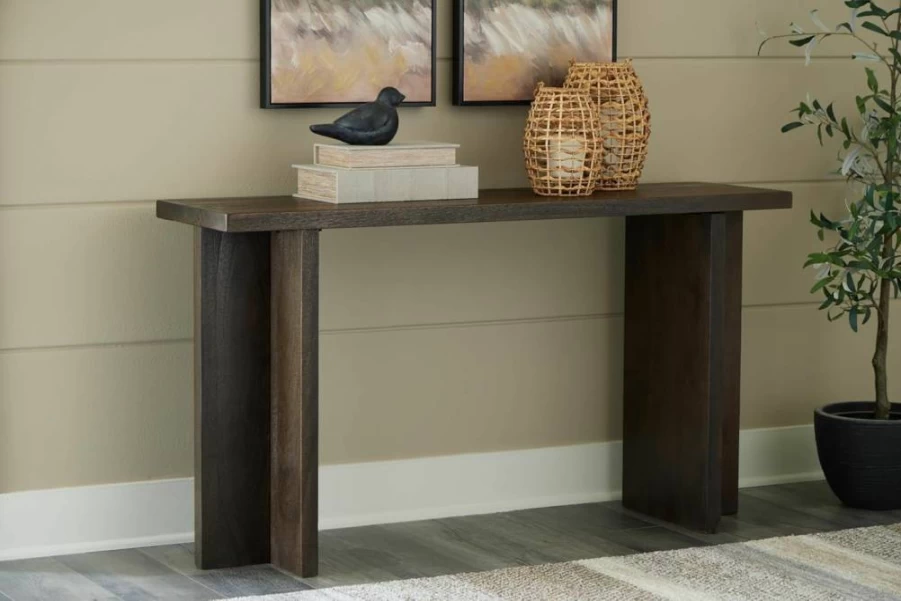 Signature Design by Ashley Jalenry Dark Brown Sofa Table with T-Post Legs, Light Sandblasted Finish, Casual Console Table for Living Room
