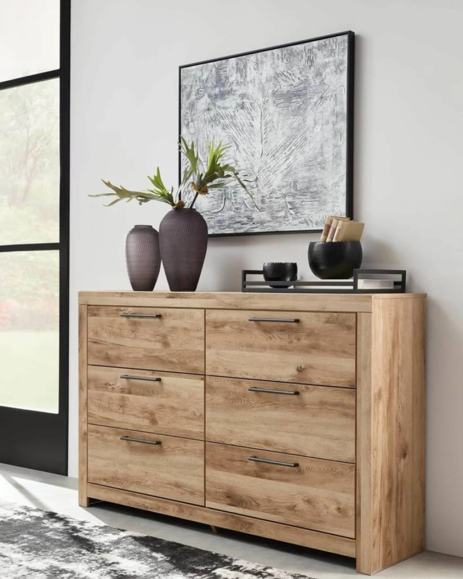 Signature Design by Ashley Hyanna Mid-Century Modern 6-Drawer Dresser in Light Brown & Beige - Stylish Storage Chest for Bedroom