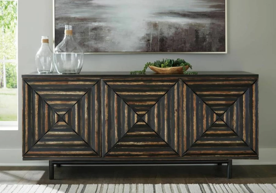 Signature Design by Ashley Fair Ridge 3-Door Accent Cabinet with Adjustable Shelves, Distressed Black & Dark Brown Finish, Casual Square Pattern Design