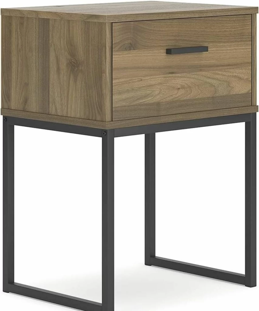 Signature Design by Ashley Deanlow Mid-Century Modern Nightstand - Light Brown & Black, 1-Drawer, Metal Legs