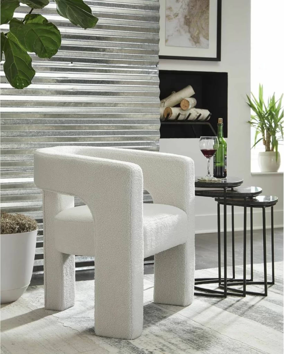Signature Design by Ashley Landick Urban Bouclet Accent Chair - White Barrel Back Upholstered Chair with 3 Legs, Modern Fabric Lounge Seat