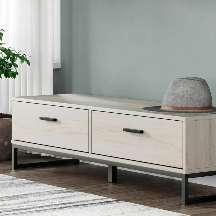Signature Design by Ashley Socalle Industrial Entryway Bench - Metal Frame, Natural Beige Fabric, Modern Storage Seat for Hallway