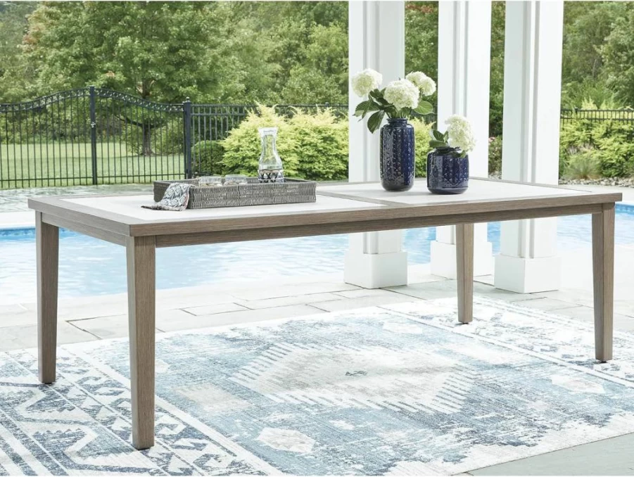 Signature Design by Ashley Rainier Ranch Modern Outdoor Dining Table with Sintered Stone Top & 4 Legs in Light Brown & Beige