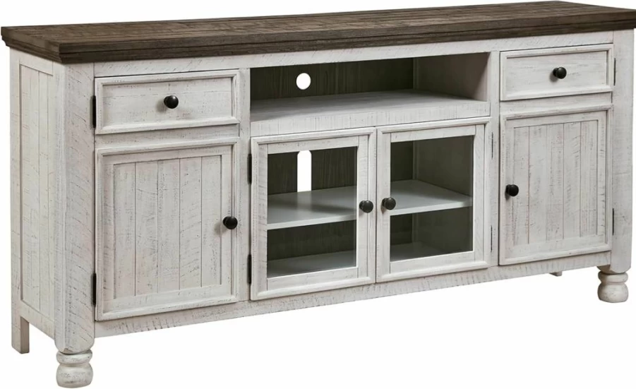 Signature Design by Ashley Havalance 72" Farmhouse TV Stand with 4 Storage Cabinets & Shelves in Vintage White & Weathered Gray