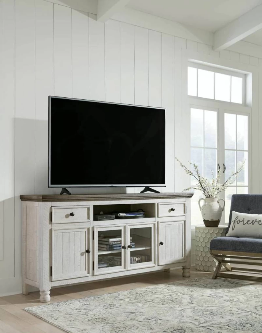 Signature Design by Ashley Havalance 72" Farmhouse TV Stand with 4 Storage Cabinets & Shelves in Vintage White & Weathered Gray