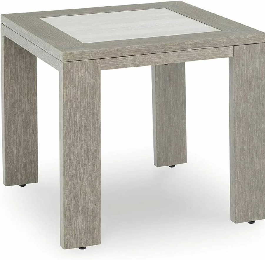 Signature Design by Ashley Kimpton Isle Cottage Outdoor End Table - Light Brown & Beige Sintered Stone Top with 4 Legs