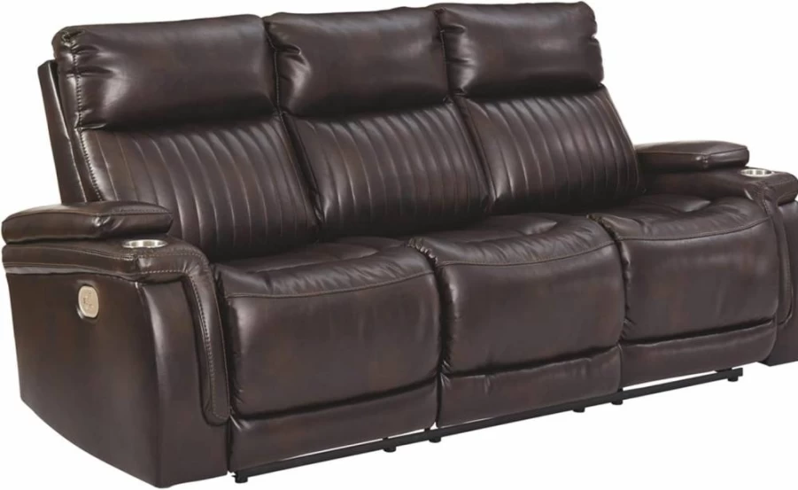 Signature Design by Ashley Dark Brown Faux Leather Power Reclining Sofa with Adjustable Headrest – Modern Team Time Collection