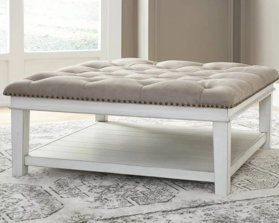 Signature Design by Ashley Kanwyn Whitewash French Country Square Ottoman Coffee Table with Upholstered Seat