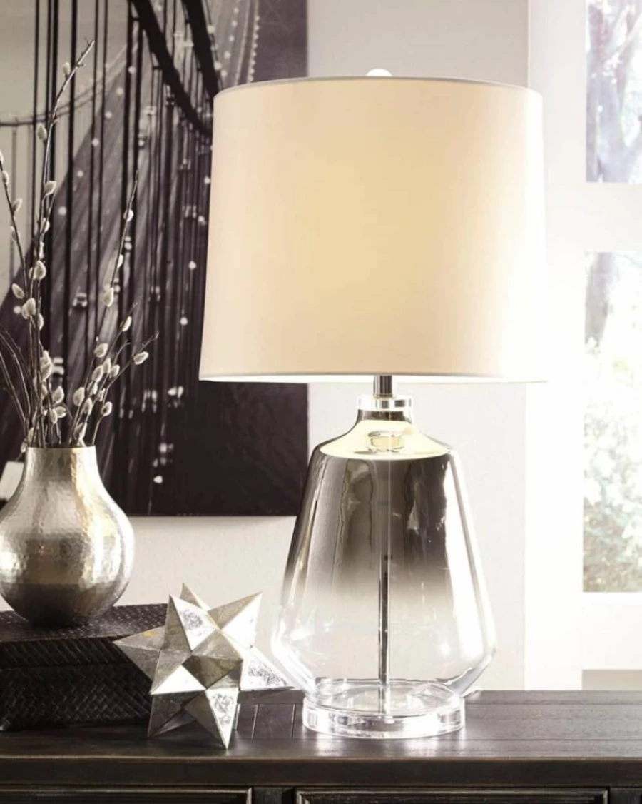 Signature Design by Ashley Jaslyn 28" Silver Glass Table Lamp with White Fabric Shade - Modern Ombre Lighting for Home Decor