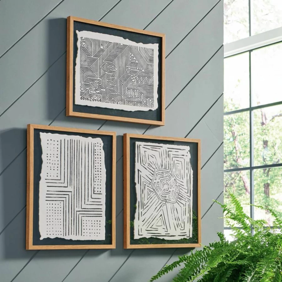 Signature Design by Ashley Wonderstow Modern Framed Floating Wall Art Set - 3-Piece Black & Beige Abstract Print for Home Decor