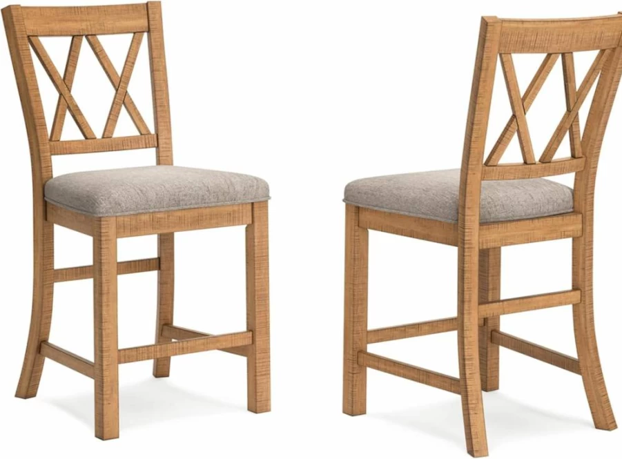 Signature Design by Ashley Havonplane 25.63" Counter Height Bar Stool Set of 2 - Light Brown & Light Gray Upholstered Stools with Foot Rest, Rustic Armless Design