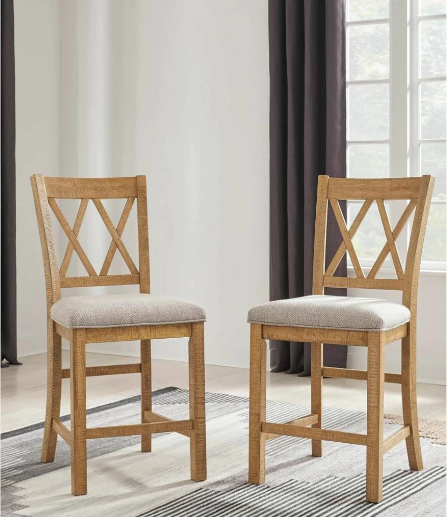Signature Design by Ashley Havonplane 25.63" Counter Height Bar Stool Set of 2 - Light Brown & Light Gray Upholstered Stools with Foot Rest, Rustic Armless Design