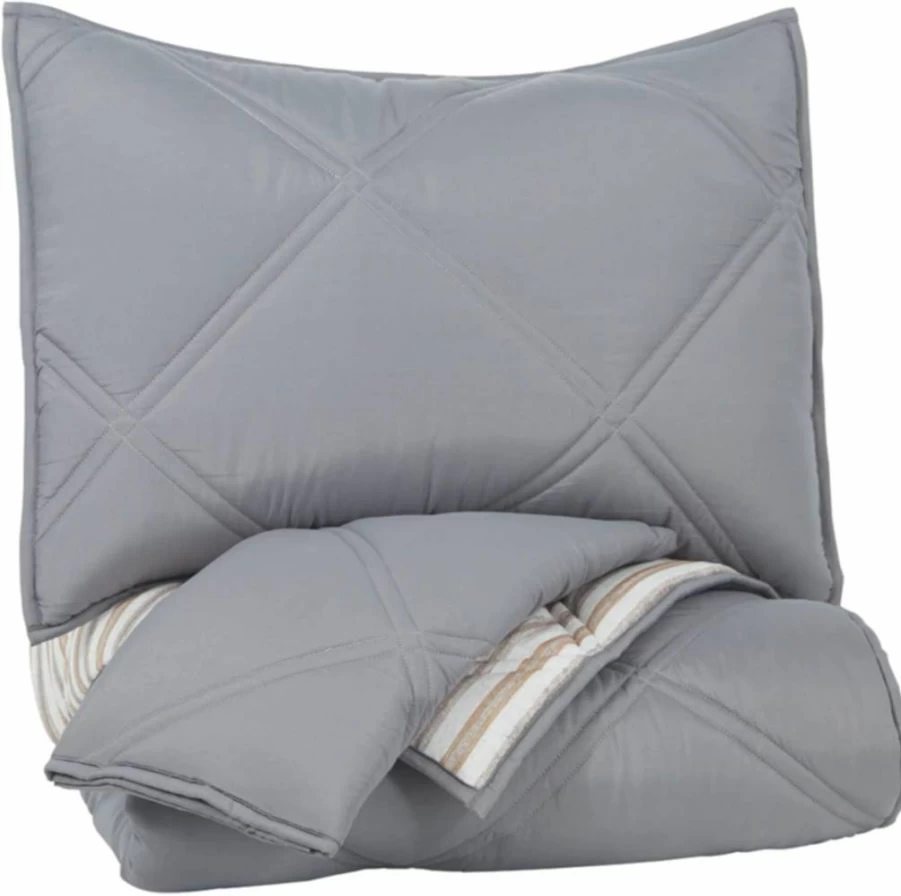 Signature Design by Ashley Reversible Twin Comforter Set - Contemporary Diamond Quilting & Striped Design, Gray Beige & Brown, Includes Sham