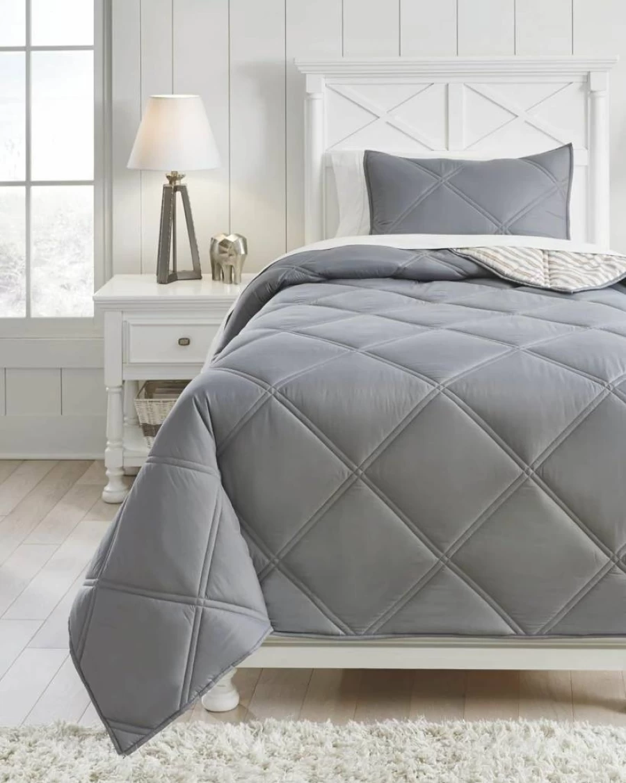 Signature Design by Ashley Reversible Twin Comforter Set - Contemporary Diamond Quilting & Striped Design, Gray Beige & Brown, Includes Sham