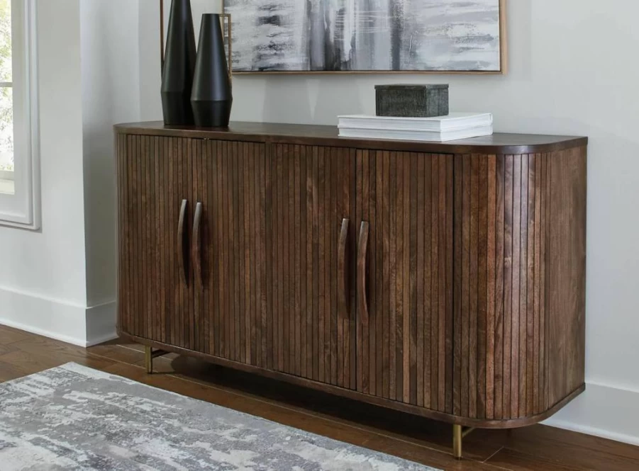 Signature Design by Ashley Amickly 4-Door Accent Cabinet - Dark Brown Contemporary Storage with 2 Shelves, Fluted Design & Cord Management