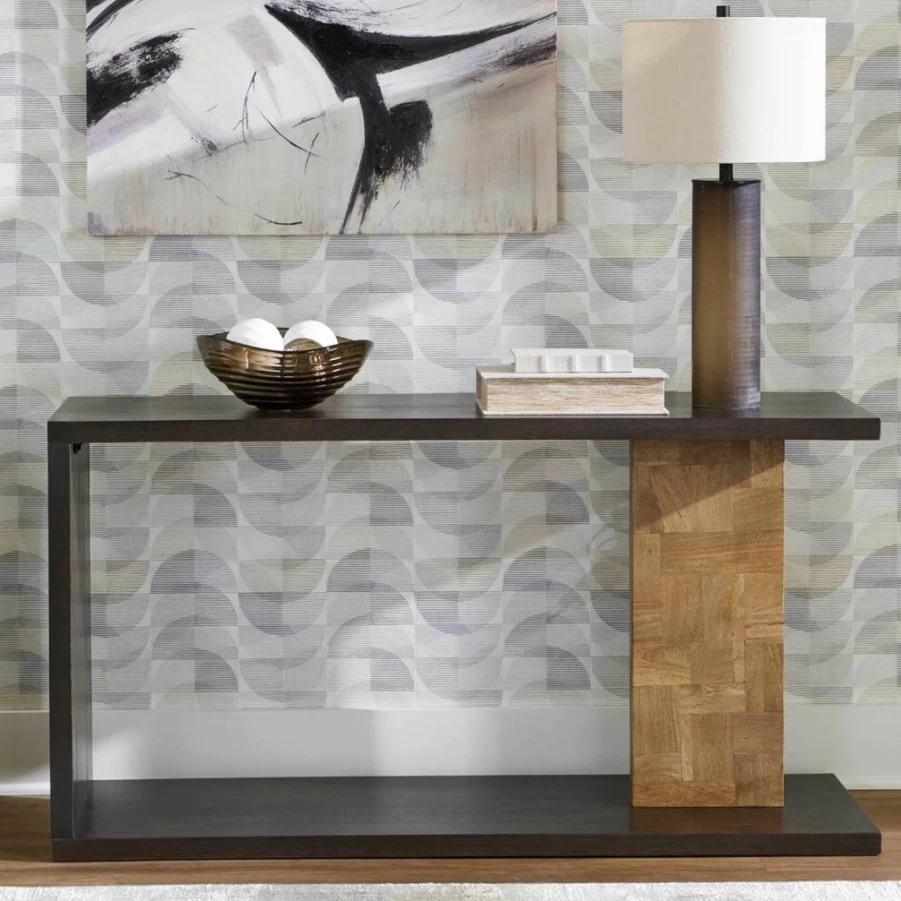 Signature Design by Ashley Camlett Modern Sofa Table with Shelf - Dark & Light Brown Console Table, Patchwork Design Support