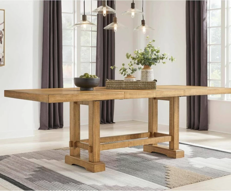 Signature Design by Ashley Havonplane Light Brown Rustic Dining Table with Extendable Leaf & Trestle Base