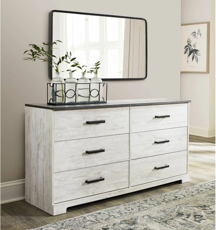 Signature Design by Ashley Shawburn 5-Drawer Chest - Rustic White & Gray Dresser with Smooth Gliding Drawers & Safety Stop