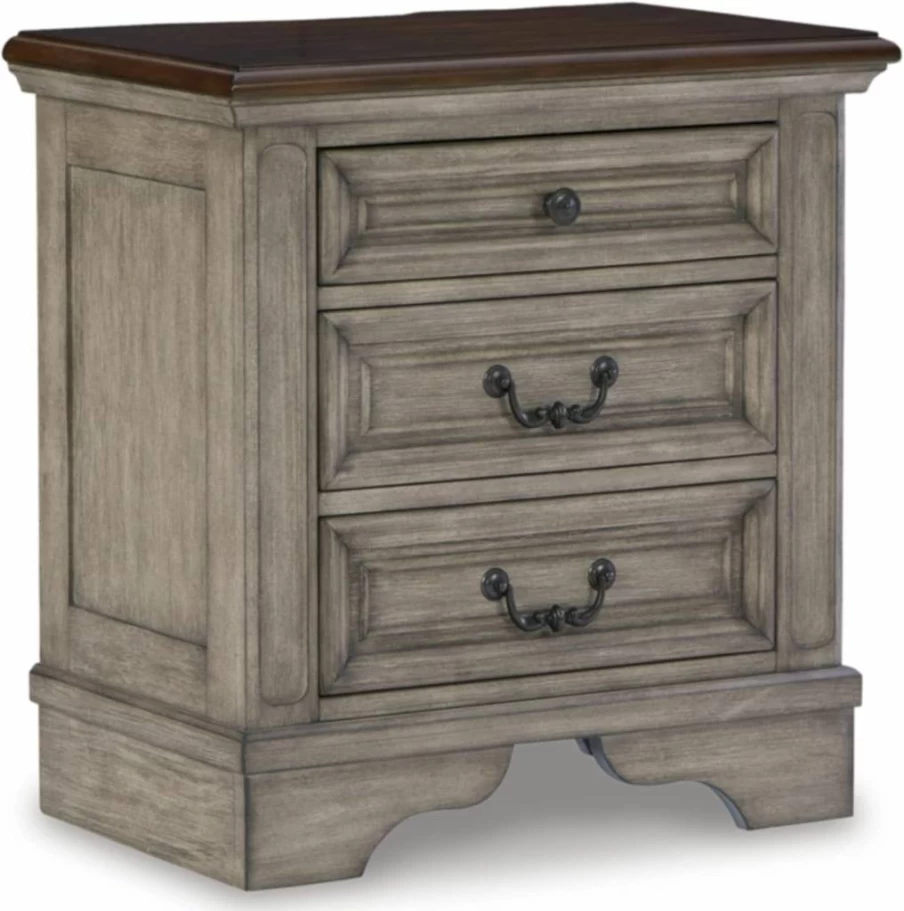 Signature Design by Ashley Realyn Nightstand - French Country Style, 3 Drawers, Built-In Electrical Outlets & USB Ports, 27.75" Height, Chipped White Finish
