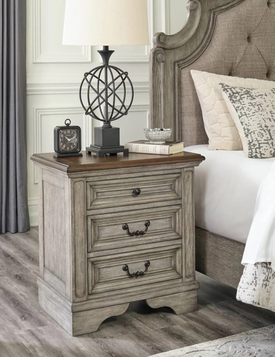 Signature Design by Ashley Realyn Nightstand - French Country Style, 3 Drawers, Built-In Electrical Outlets & USB Ports, 27.75" Height, Chipped White Finish