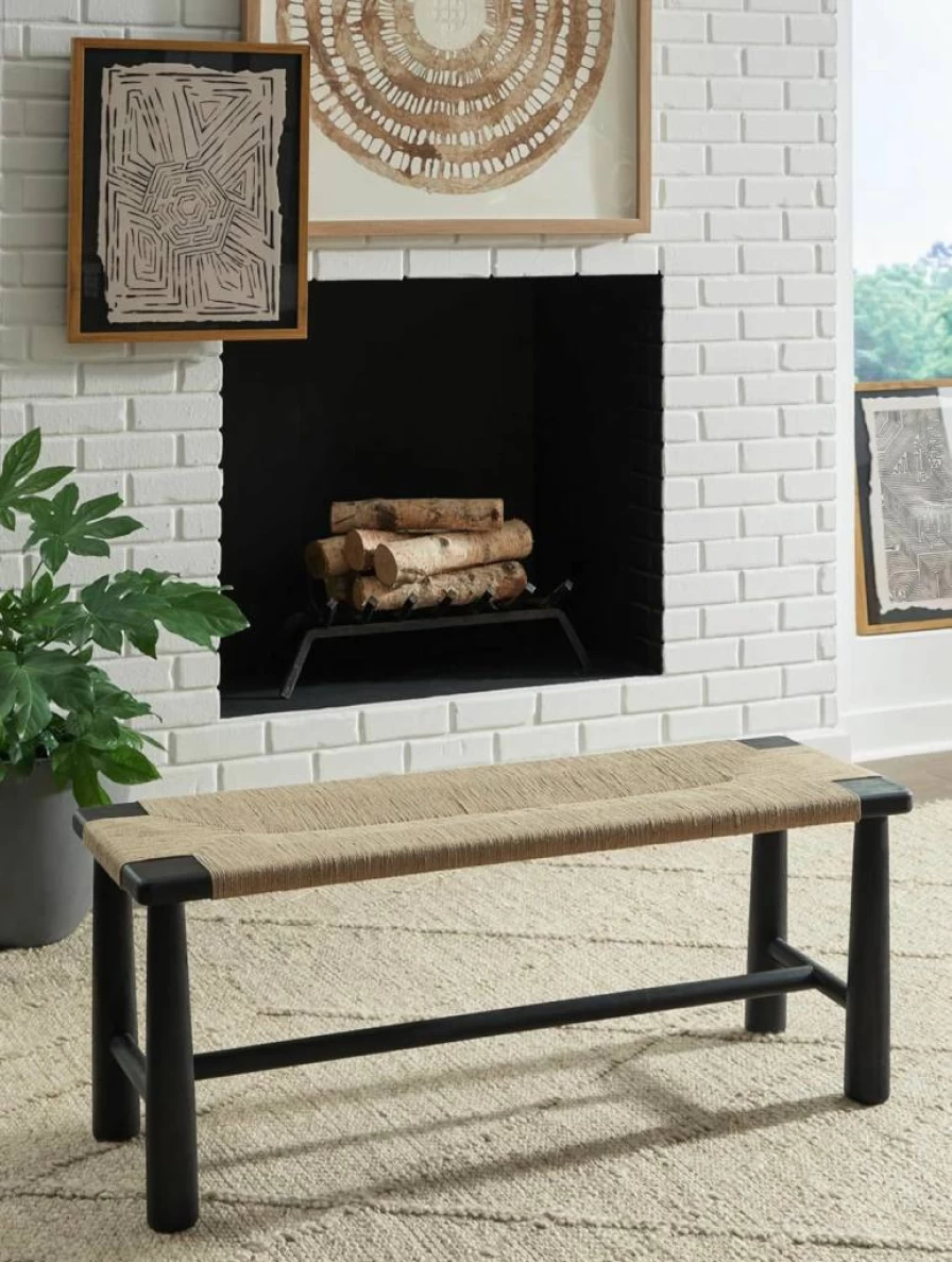 Signature Design by Ashley Acerman Upholstered Accent Bench - Handwoven Jute Fabric, Black & Light Brown Casual Seating