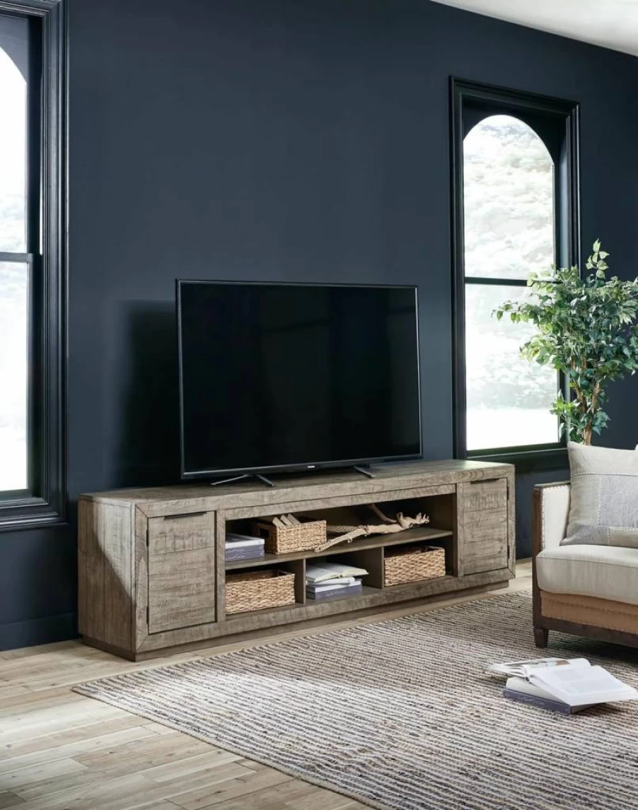 Signature Design by Ashley Krystanza Rustic Brown TV Stand for 90-Inch TVs with 2 Storage Cabinets & Shelves