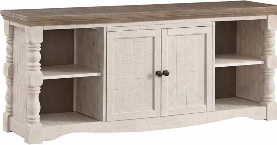 Signature Design by Ashley Havalance 65" Farmhouse TV Stand with Storage - Vintage White & Weathered Gray 2-Door Cabinet & Shelves