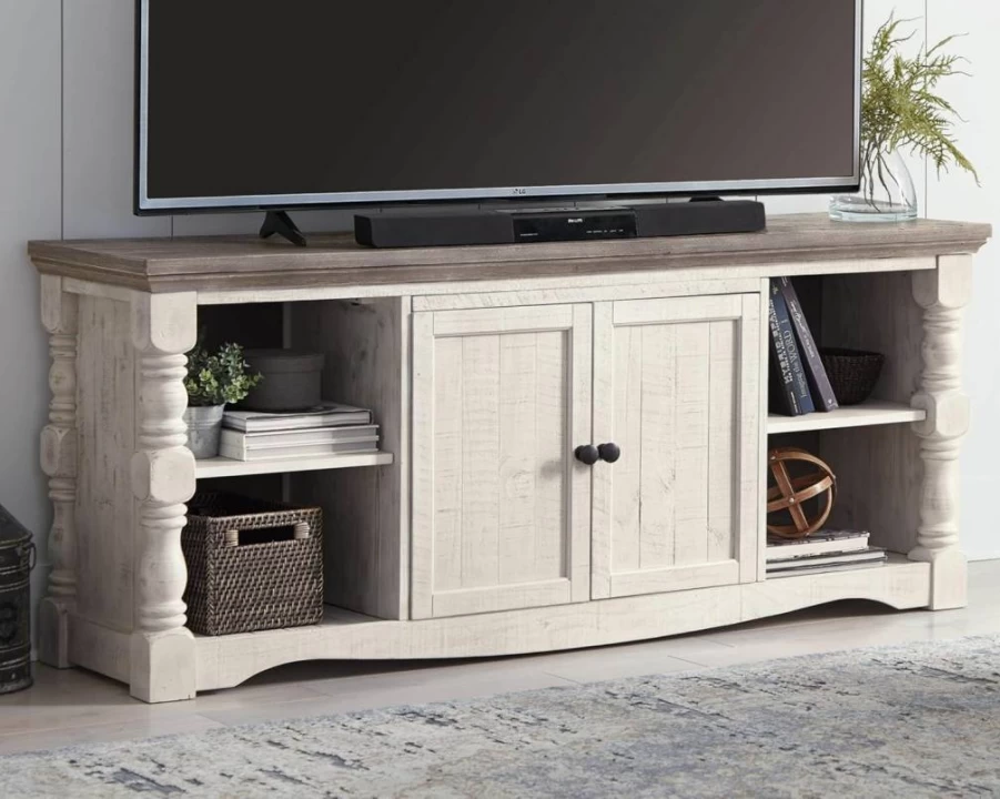 Signature Design by Ashley Havalance 65" Farmhouse TV Stand with Storage - Vintage White & Weathered Gray 2-Door Cabinet & Shelves