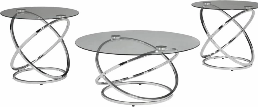 Signature Design by Ashley Hollynyx Modern 3-Piece Round Coffee Table Set with 2 End Tables in Chrome Finish - Contemporary Living Room Furniture