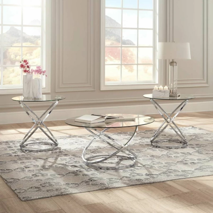 Signature Design by Ashley Hollynyx Modern 3-Piece Round Coffee Table Set with 2 End Tables in Chrome Finish - Contemporary Living Room Furniture