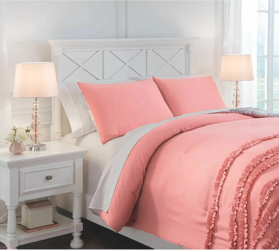 Signature Design by Ashley Avaleigh Reversible Twin Comforter Set - Striped & Floral Design, Pink, White, Gray, Includes Sham