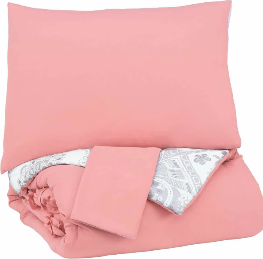 Signature Design by Ashley Avaleigh Reversible Twin Comforter Set - Striped & Floral Design, Pink, White, Gray, Includes Sham