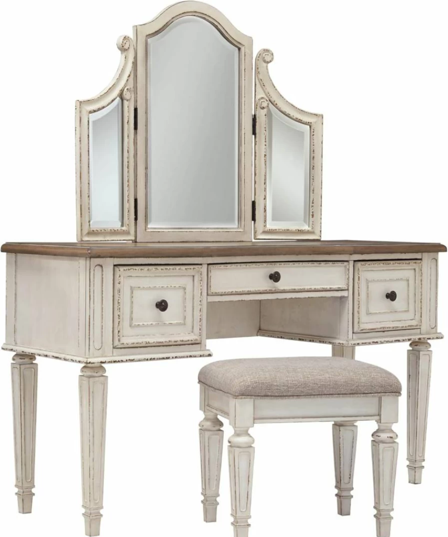 Signature Design by Ashley Realyn Cottage 3-Drawer Vanity Set with Mirror & Stool, Chipped White & Distressed Brown Finish, Dovetail Construction