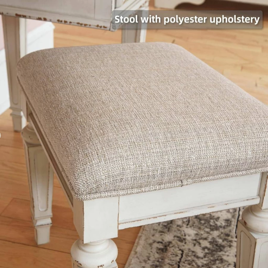Signature Design by Ashley Realyn Cottage 3-Drawer Vanity Set with Mirror & Stool, Chipped White & Distressed Brown Finish, Dovetail Construction