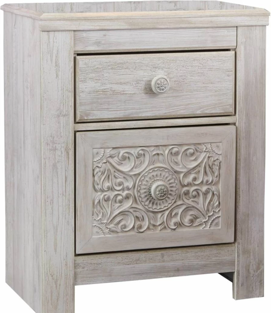 Signature Design by Ashley Paxberry Whitewash Boho Nightstand with 2 Drawers & USB Charging Ports, 29.21" Tall Bedside Table