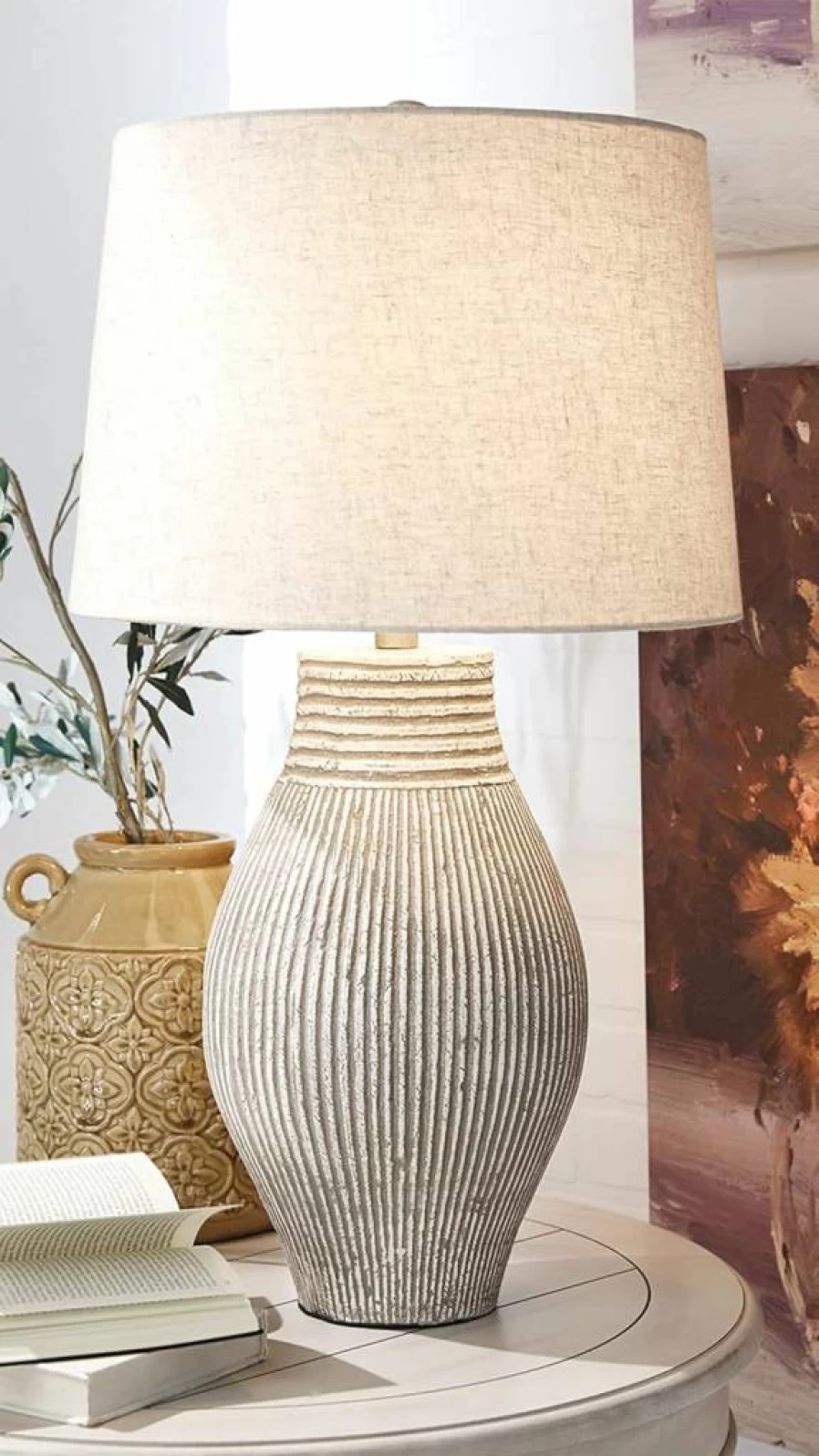 Signature Design by Ashley Layal 29" Beige Textured Paper Composite Table Lamp with Carved Base