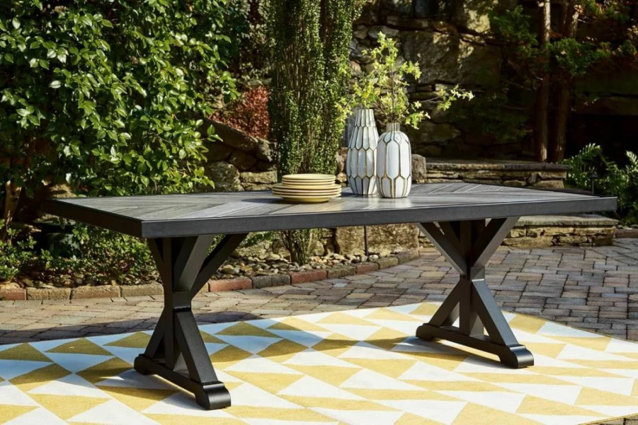 Signature Design by Ashley Beachcroft Modern Farmhouse Outdoor Dining Table - Weather-Resistant Porcelain Top, Beige, Patio Garden Furniture