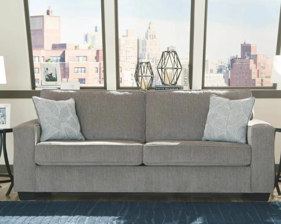 Signature Design by Ashley Altari Modern Queen Sleeper Sofa with 2 Decorative Pillows, Light Gray Fabric Upholstery