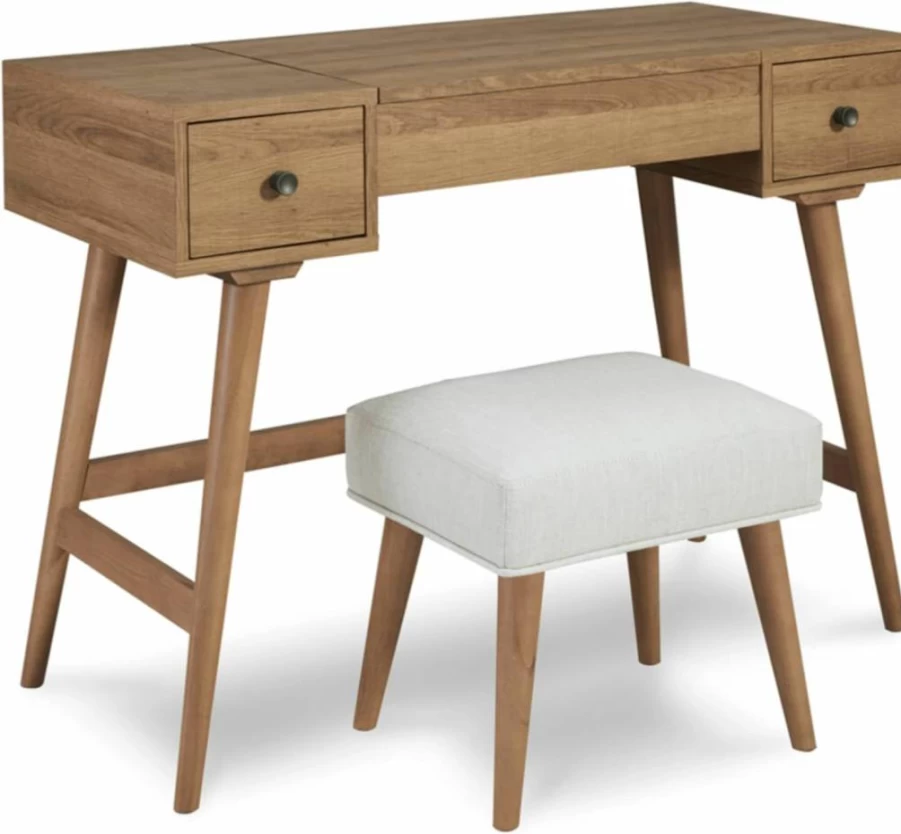 Signature Design by Ashley Thadamere Light Brown & White Vanity Set with Stool and Mirror